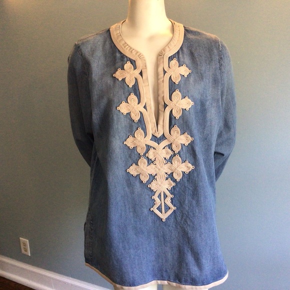 J. Crew Tops - J.Crew Blue Chambray Tunic With Soutache Ribbon Trim